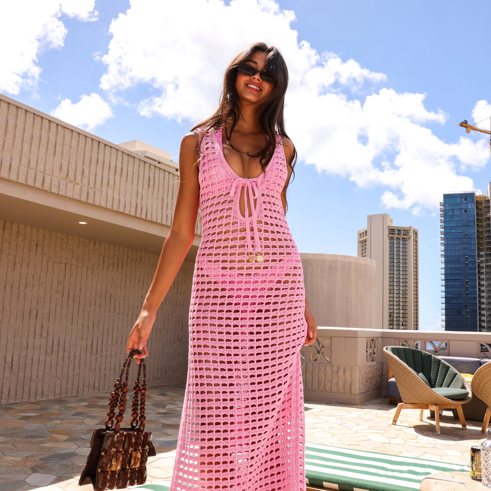 Crochet Plunge Maxi Dress - Bubblegum - Image 5